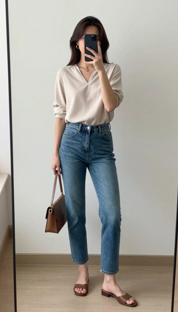Woman in relaxed blouse and slim jeans taking a mirror selfie, showcasing a casual first date outfit with soft textures and natural light.