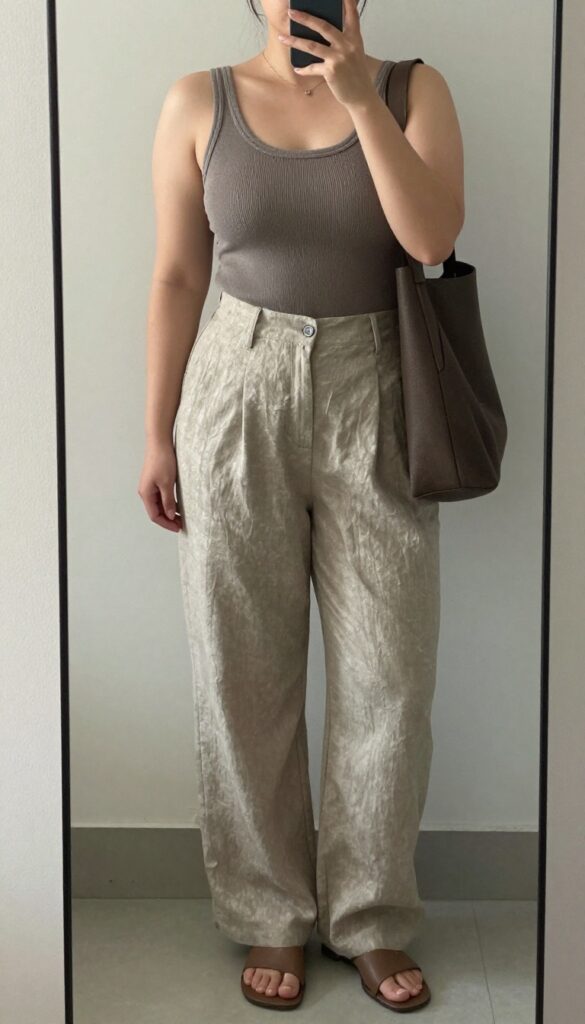A woman in a neutral knit tank, high-waisted trousers, and an unlined blazer, holding a structured tote and wearing mules, in a bright office setting.