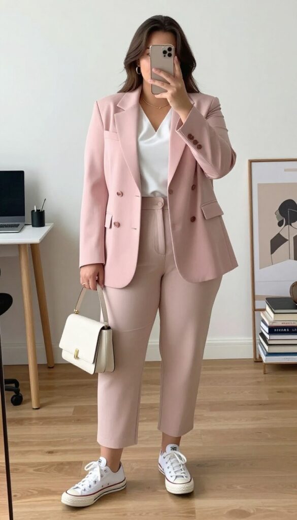 A woman in a blush pink blazer, white blouse, cropped trousers, and white Converse sneakers, posing in a mirror selfie.