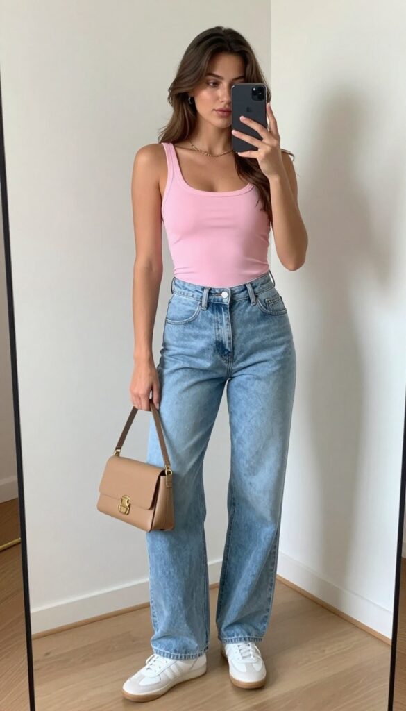 Woman in cropped pink tank top and light wash high-waisted wide leg jeans, white sneakers, tan crossbody bag, taking a mirror selfie in a bright room.