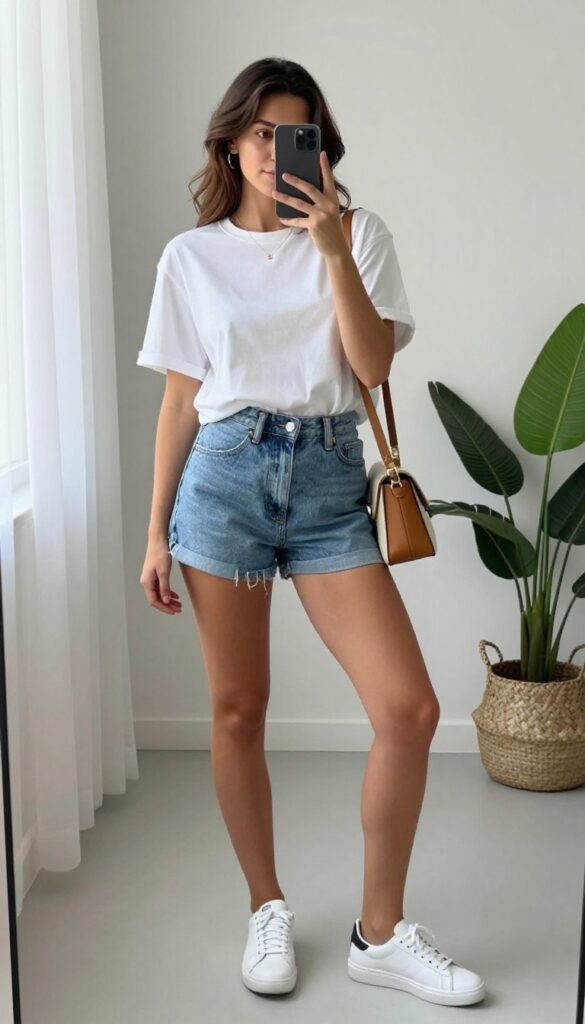 Woman in high-waisted denim shorts and white tee taking a mirror selfie, casual summer first date outfit with sneakers and crossbody bag.
