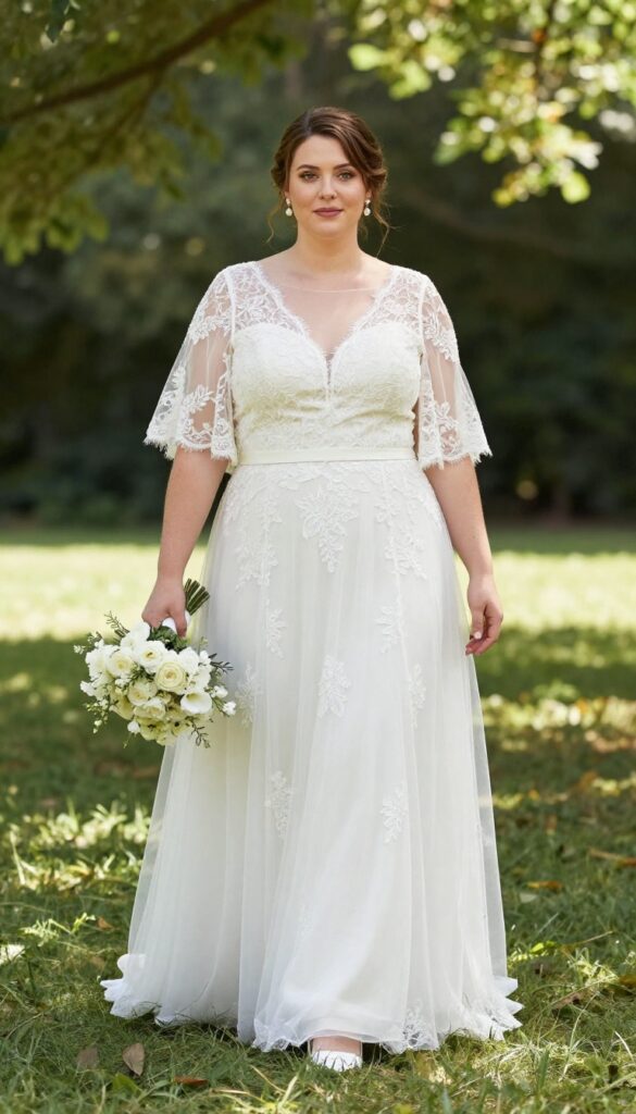 Plus-size bride in sheer flutter sleeve lace overlay wedding dress standing in sunlit garden