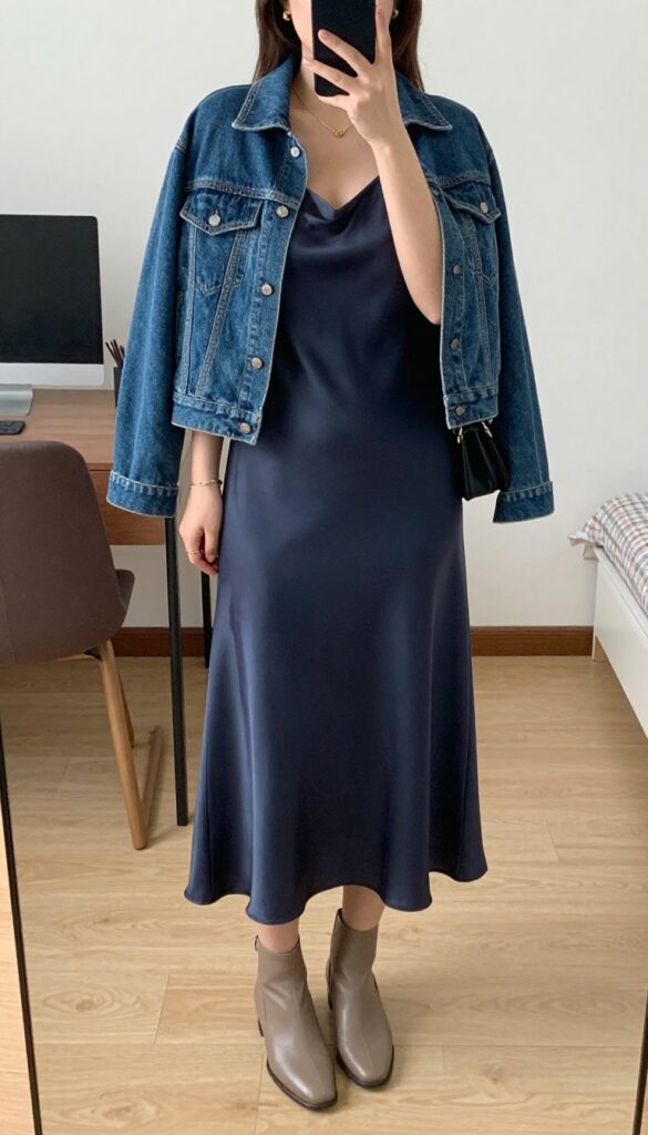 Woman in denim jacket over silk slip dress, unbuttoned, with ankle boots and crossbody bag, business casual outfit