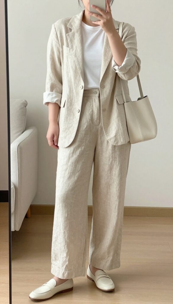 Woman in beige linen blazer and matching wide-leg trousers, white tee, loafers, holding structured tote, standing in bright office or cafe.