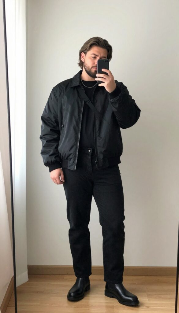Plus-size man in all-black smart casual outfit: black t-shirt, jeans, boots, and bomber jacket, taking a mirror selfie in bright natural light.