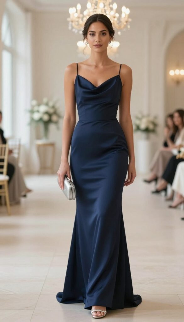 Woman in navy satin mermaid gown with cowl neck, silver heels and clutch, standing in ballroom.