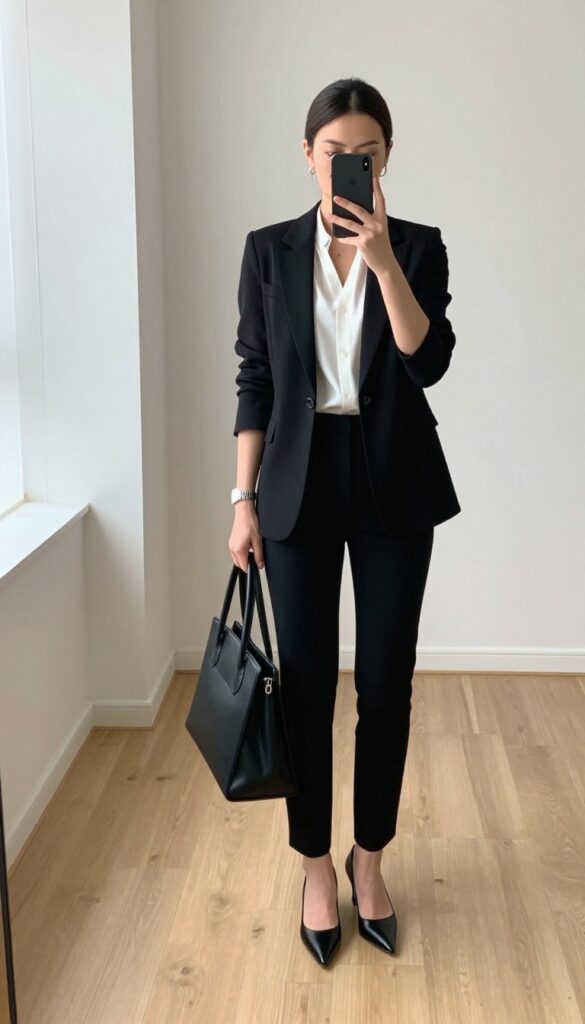 Woman in tailored black blazer and slim black pants taking a mirror selfie, business casual outfit with pointed-toe heels and structured tote.