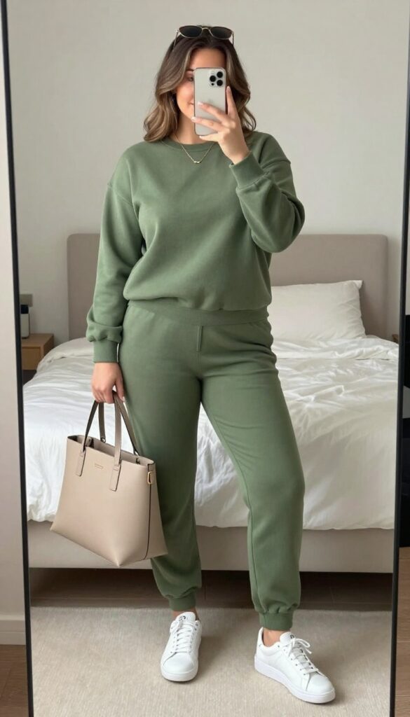 Plus-size woman in olive green matching lounge set with white sneakers, taking a mirror selfie in a bright bedroom.