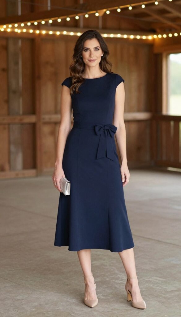 Navy fit-and-flare dress with grosgrain bow at waist, nude block heels, silver clutch, in rustic barn wedding setting with fairy lights and wooden beams.
