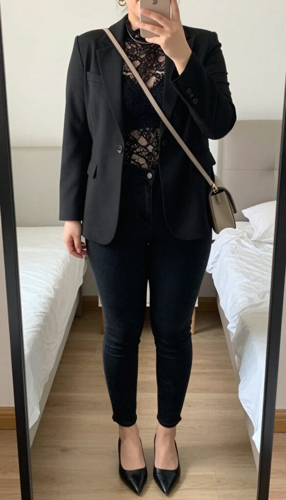 A woman in a tailored blazer, lace top, black skinny jeans, and pointed flats, taking a mirror selfie in a bedroom, partially covering her face with her phone.