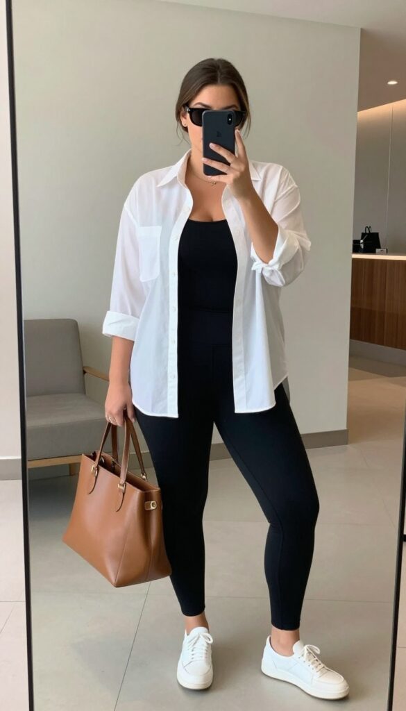 Plus-size woman in black leggings and oversized white button-down shirt taking a mirror selfie with phone, wearing slip-on sneakers and tote bag, airport travel outfit.
