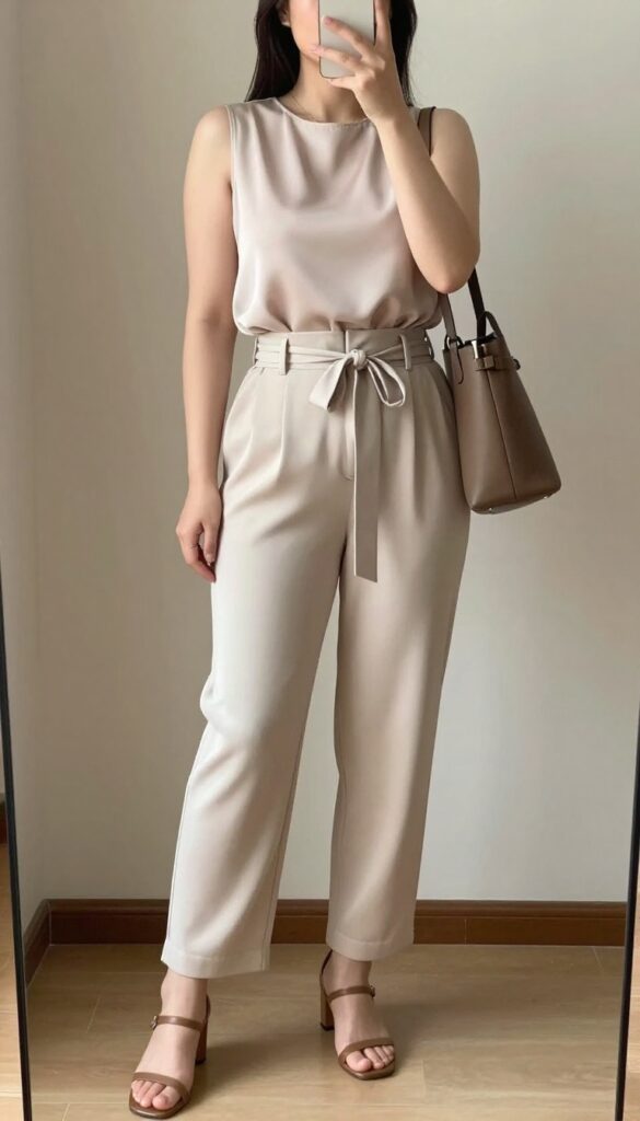 A woman in a sleeveless blouse and high-waisted paper bag pants, standing in a bright office or outdoor setting.