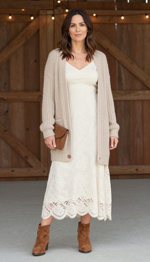 Woman in ivory lace maxi dress and oatmeal cardigan with brown suede ankle boots in rustic barn