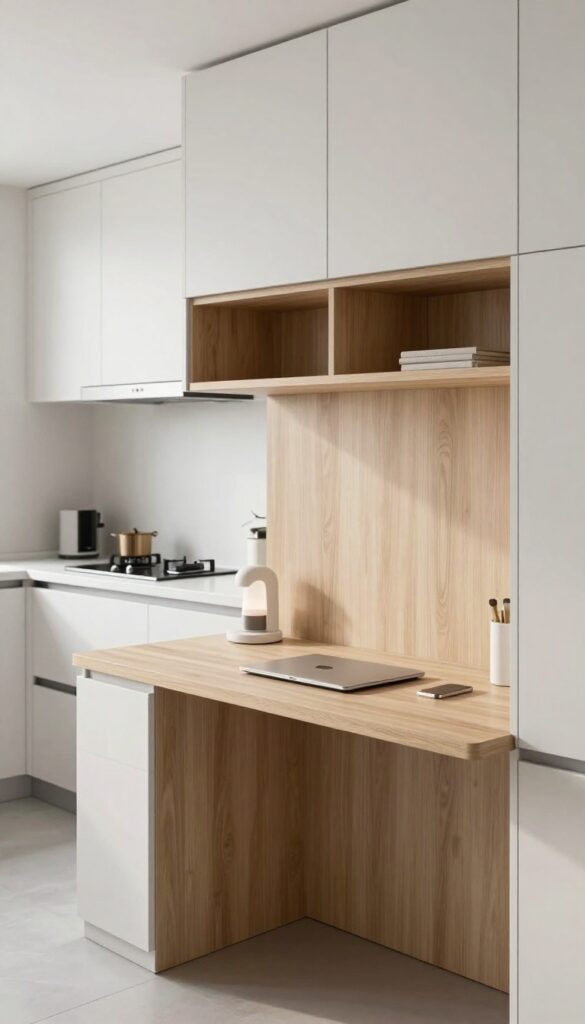 A slim desk nook under kitchen cabinets with a laptop, notebook, and small shelf above, in a bright modern kitchen.