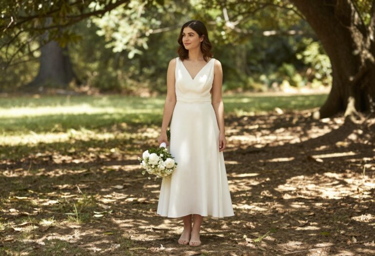 Woman in ivory crepe column wedding dress with low back in forest