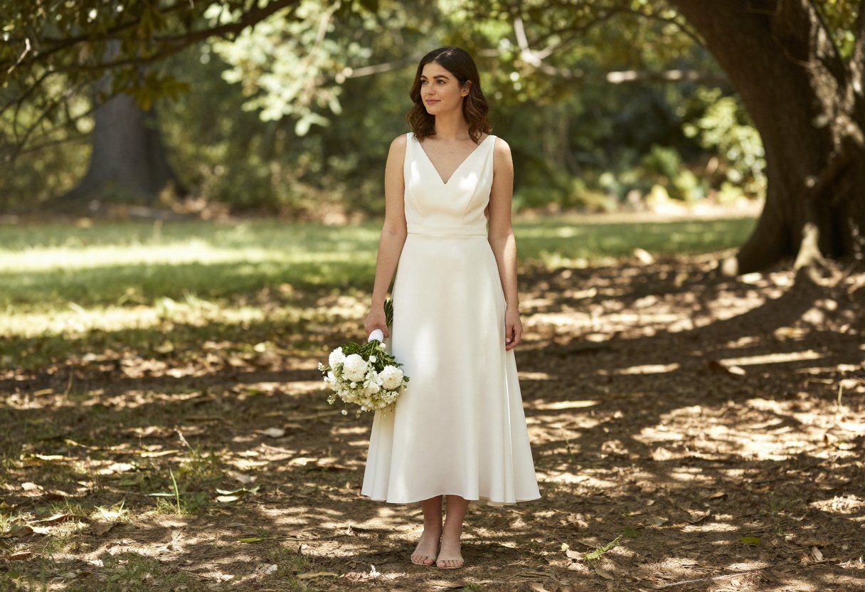 Woman in ivory crepe column wedding dress with low back in forest