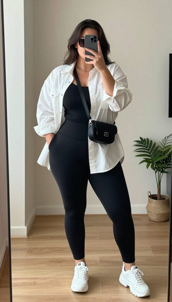 Plus-size woman taking a mirror selfie wearing black biker shorts, oversized white button-down shirt, chunky sneakers, and a crossbody belt bag in a bright hotel room.