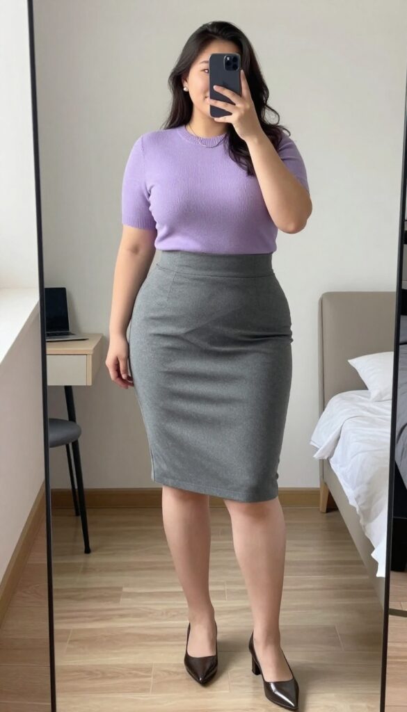 A woman in a lavender knit top and gray pencil skirt, accessorized with silver jewelry and pointed flats, standing in an office setting.