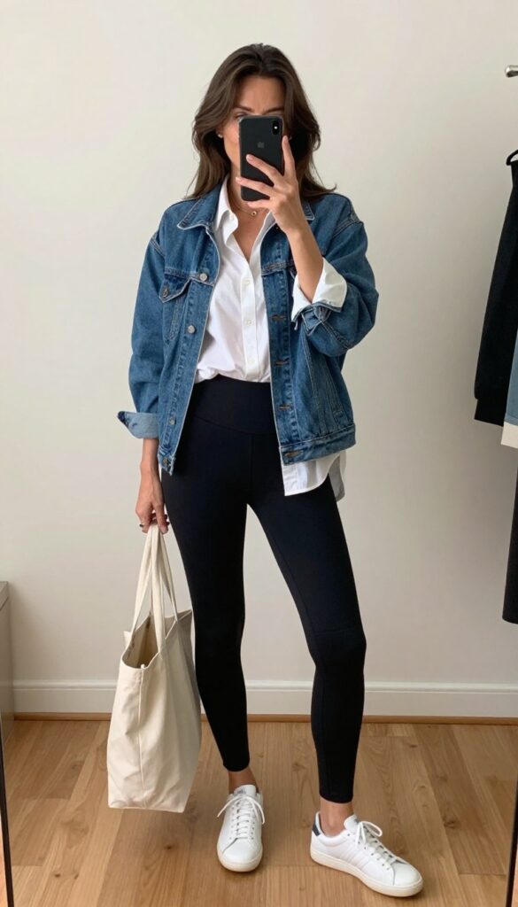 A woman taking a mirror selfie wearing black leggings, an oversized white shirt, a denim jacket, and white sneakers, holding a tote bag.