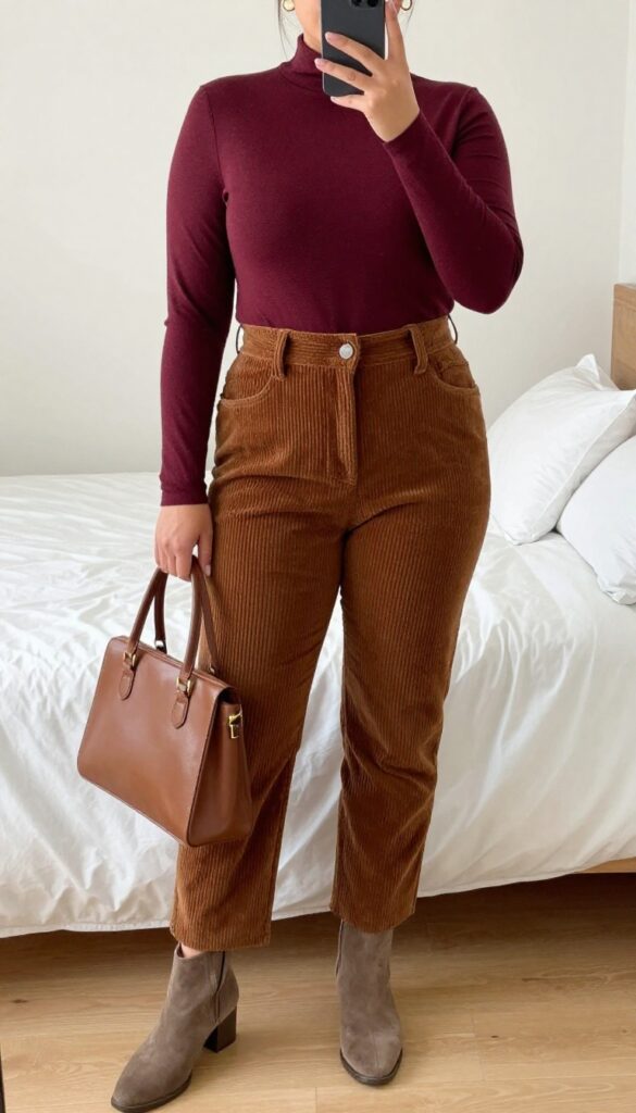 Woman in burgundy mock neck and brown corduroy pants with suede ankle boots and leather satchel, standing in autumn setting.