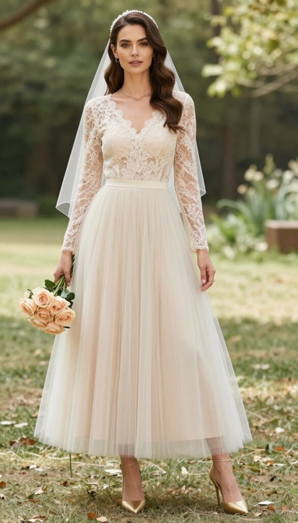 Bride in two-tone ballgown with champagne lace bodice and ivory tulle skirt, standing in sunlit garden with blush rose bouquet