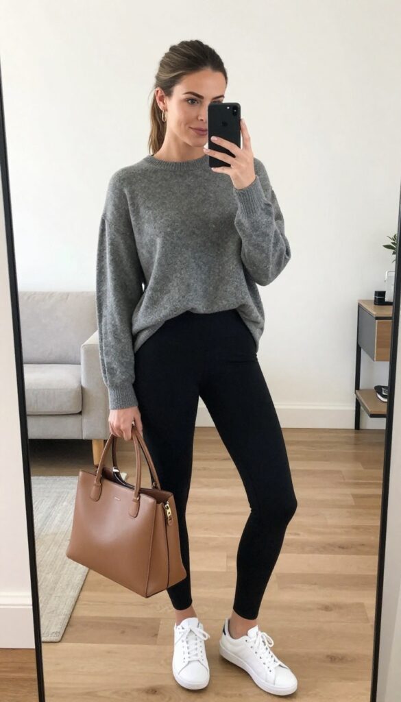 A mom in black leggings and a longline grey tunic sweater poses in a mirror selfie, holding a structured tan handbag and wearing white sneakers, in a bright living room.