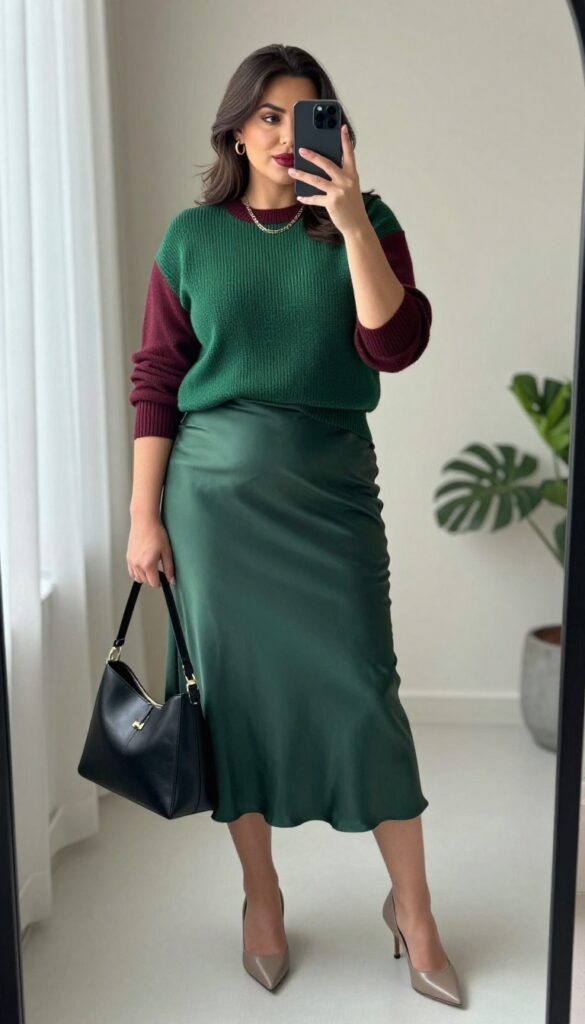 Plus-size woman in a monochrome emerald green knit and satin skirt outfit, taking a mirror selfie with a phone, showcasing a polished birthday photoshoot look.