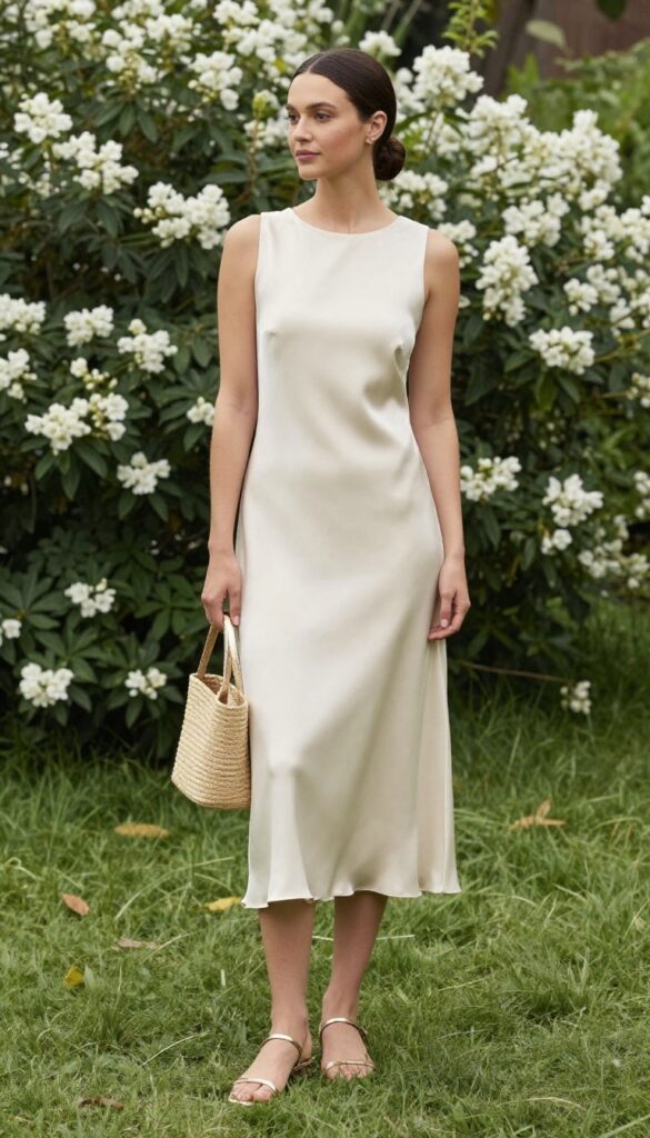 Woman in ivory satin shift dress with gold metallic sandals and straw tote bag at garden wedding