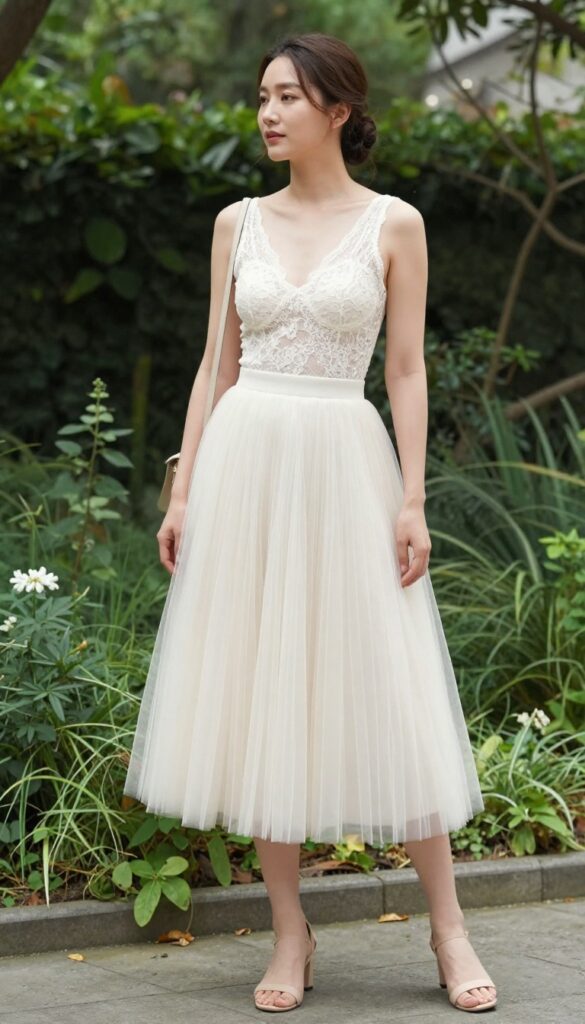Woman in white lace bodysuit and ivory tulle skirt with nude sandals and crossbody bag in garden