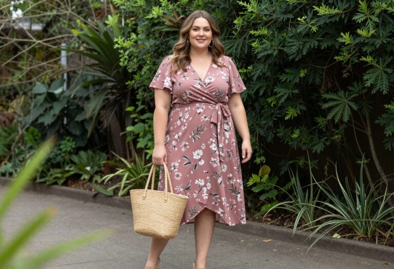 Plus-size woman in floral wrap dress and wedges at garden wedding