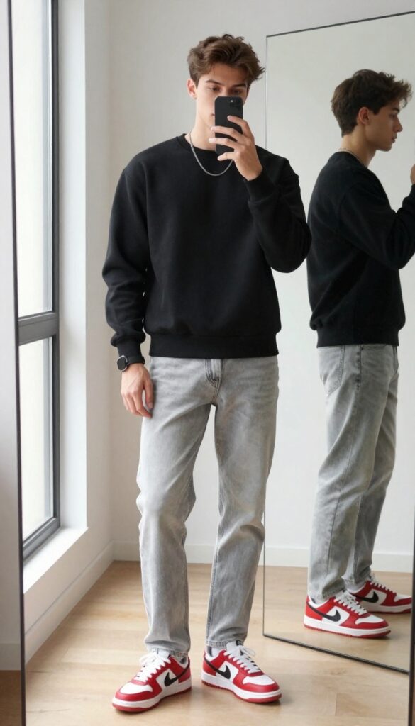 Man in black sweatshirt and grey jeans taking a mirror selfie, phone partially covering his face, bold red and white sneakers as focal point.