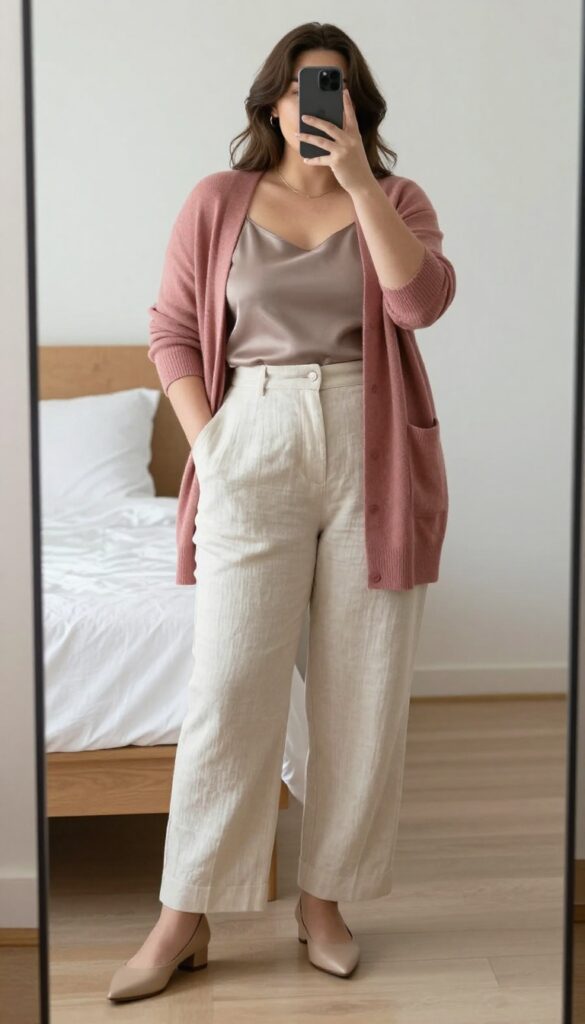 Woman in cream linen trousers and dusty rose cashmere cardigan, taking a mirror selfie in a bedroom