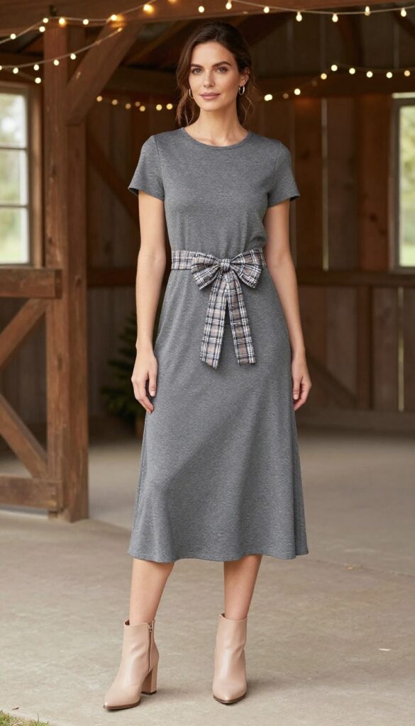 A young adult woman with fair skin and brown hair in a loose updo, wearing a charcoal gray midi dress with a plaid bow at the waist, nude heeled ankle boots, and small gold hoop earrings, standing in a rustic barn with wooden beams and fairy lights.