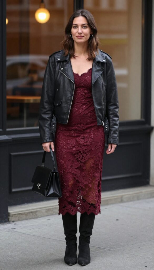 Burgundy tea-length lace dress with black leather jacket and ankle boots for a chic wedding guest look.