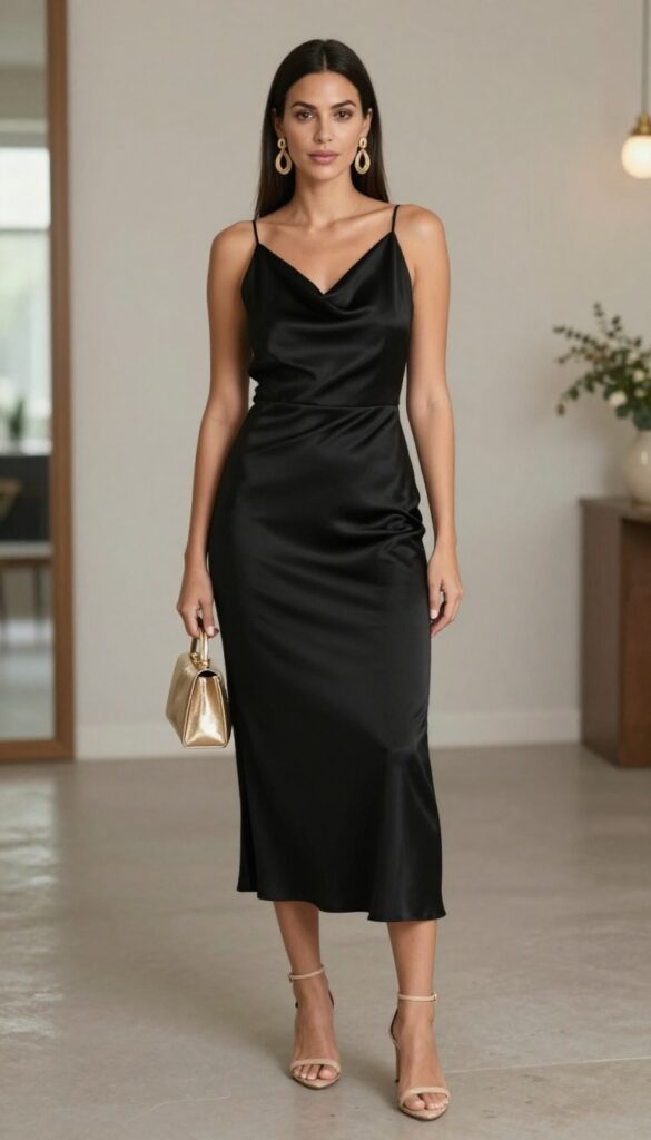Woman in black satin slip dress with gold earrings and nude heels at wedding venue