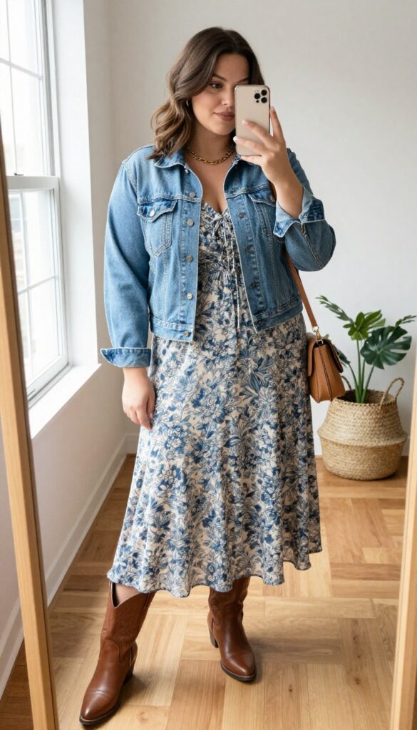 Plus-size woman in a floral midi dress, cropped denim jacket, and cowboy boots, taking a mirror selfie in a bright room.