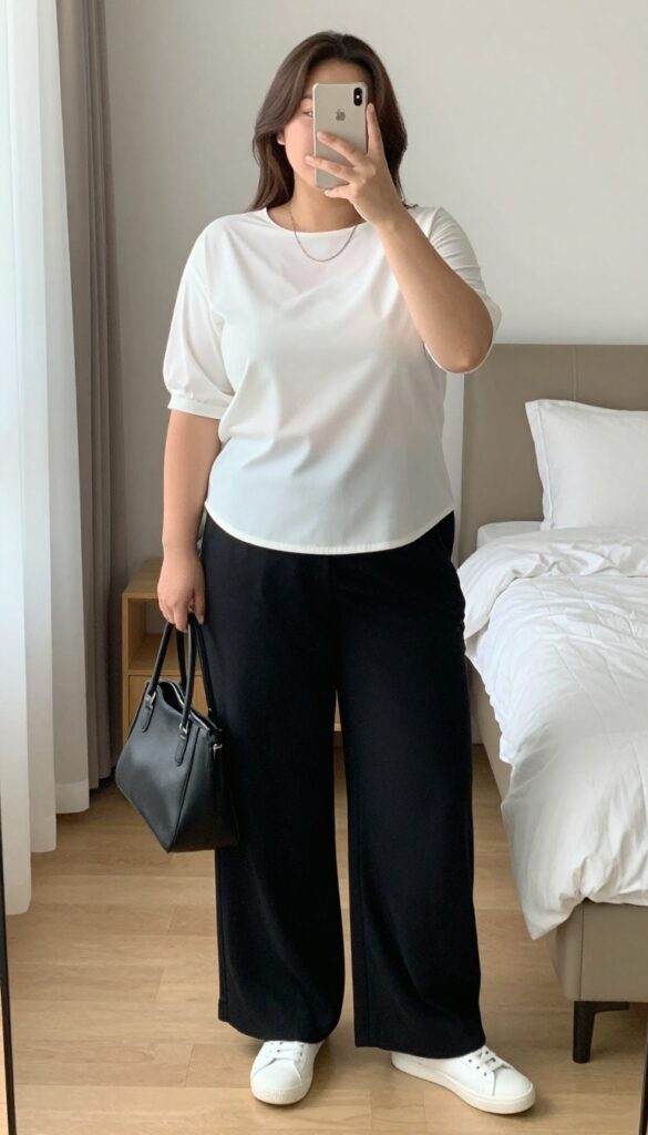 Woman in white blouse and black wide-leg trousers with white sneakers, carrying a black leather tote, taking a mirror selfie in a bedroom.
