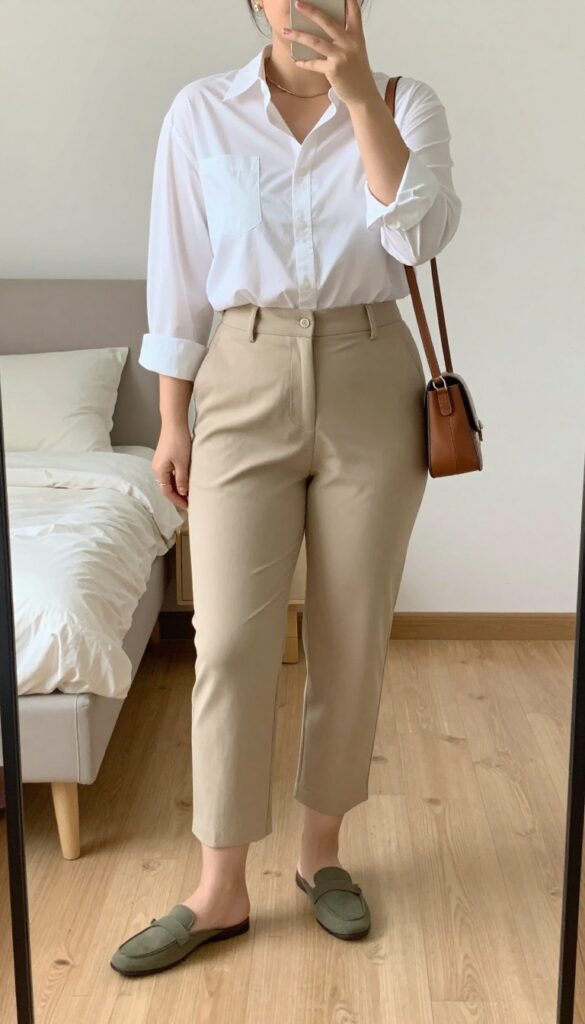 Woman in white cotton poplin shirt tucked into cropped beige trousers, wearing loafers, with a leather crossbody bag, standing in a bright office setting.