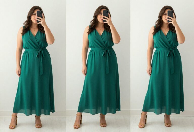 Plus-size woman in a flowy jewel-toned maxi dress with defined waist, taking a mirror selfie in bright natural light, showcasing a polished wedding guest outfit.