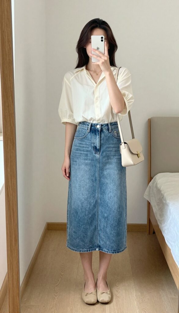 Woman wearing a button-front denim skirt and blouse, taking a mirror selfie, casual vintage outfit.