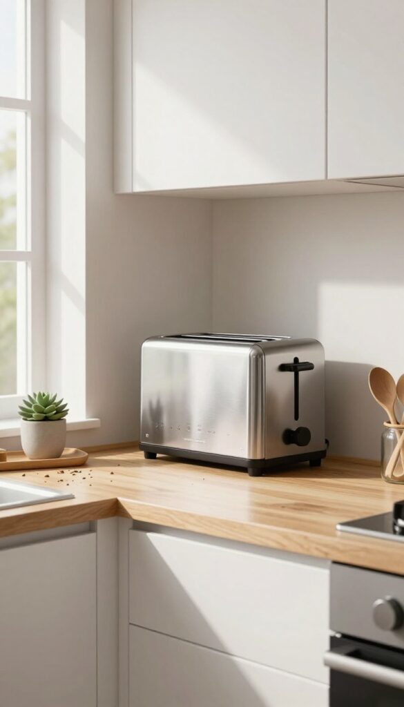 Under-cabinet toaster oven shelf in a bright modern kitchen with white cabinets and warm wood shelf, toaster oven neatly placed, counter clear and organized.