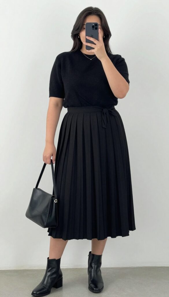 Plus-size woman in black pleated midi skirt and fitted black knit sweater, front-tucked, with ankle boots and structured handbag, taking a mirror selfie.