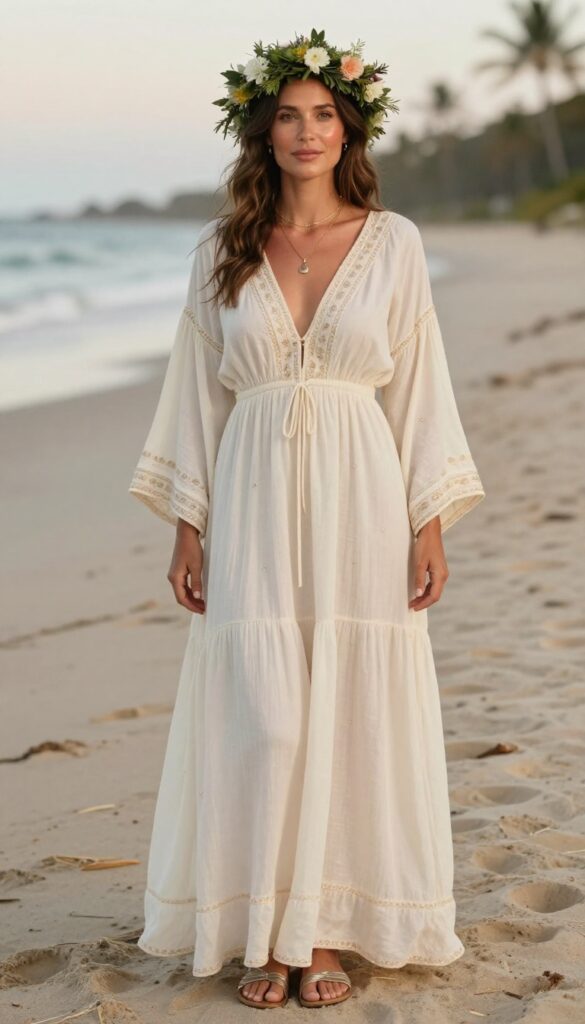 Young woman with long wavy brown hair and flower crown on sandy beach at golden hour, wearing ivory embellished boho maxi dress with bell sleeves, layered gold necklaces, soft dewy makeup, realistic Instagram-style photo.