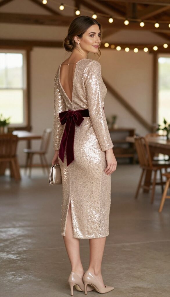Woman in champagne sequin dress with velvet bow in rustic barn