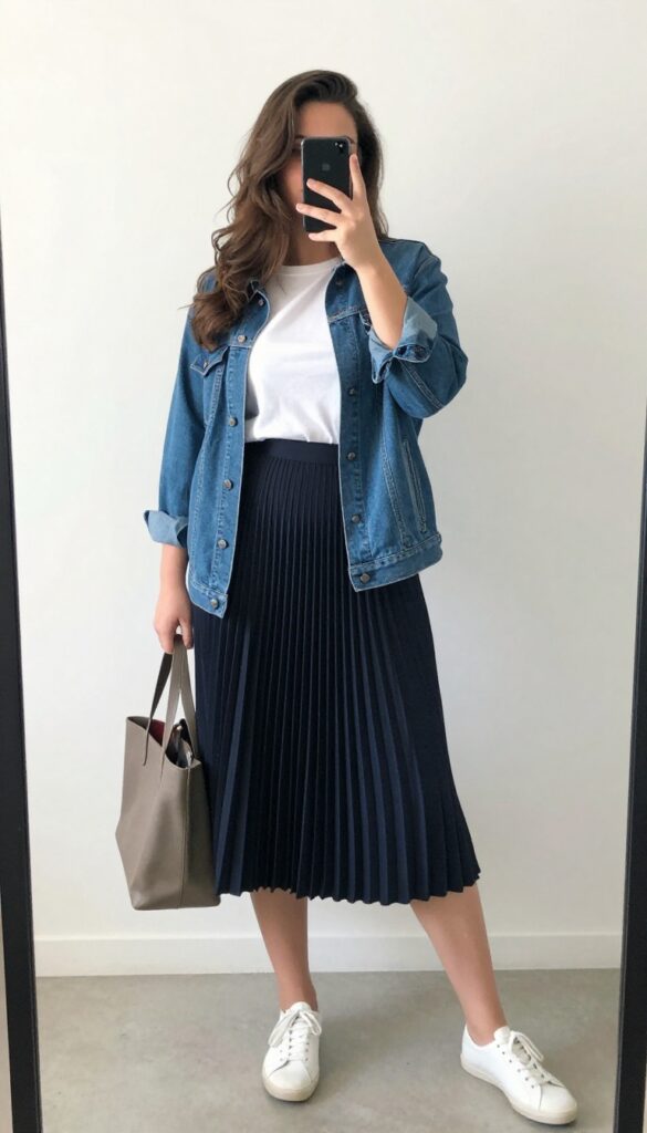 Plus-size woman in a white tee, pleated midi skirt, and denim jacket, taking a mirror selfie, casual outfit.