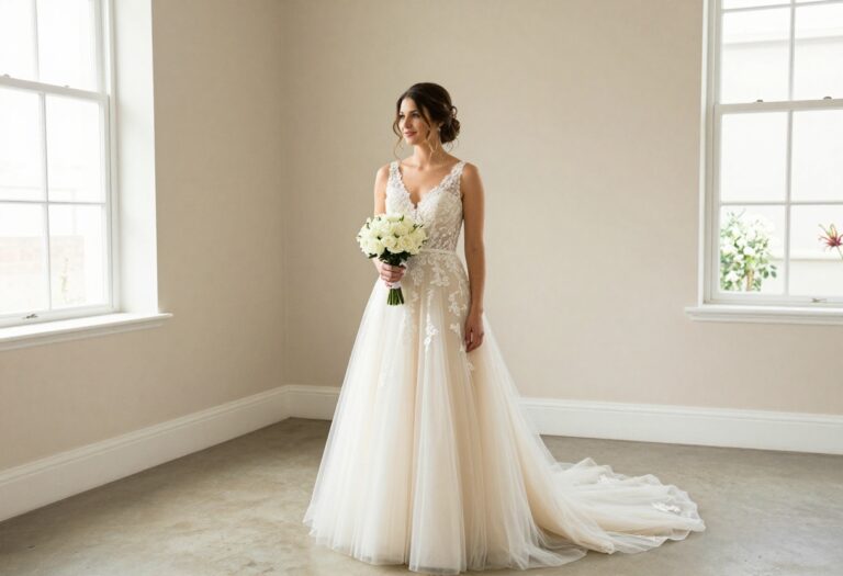 Bride in ivory lace ballgown in neutral ballroom