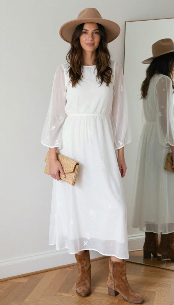 Woman in white sheer bell-sleeve maxi dress with wide-brim hat and ankle boots standing in desert at golden hour.