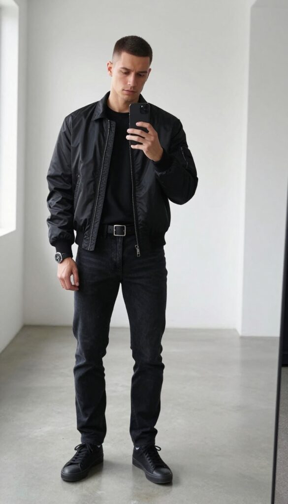 Man in all-black streetwear outfit taking a mirror selfie, wearing black tee, jeans, bomber jacket, and sneakers, in a bright minimalist room.