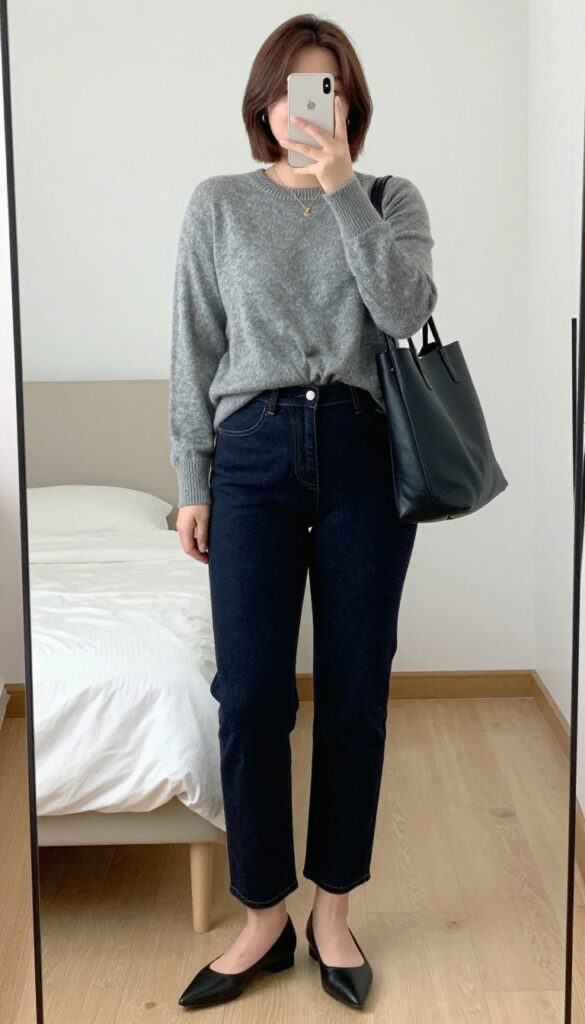 Woman in dark straight-leg jeans, cashmere sweater, and pointed flats with structured tote bag