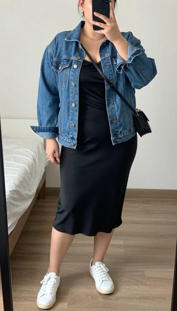 Woman in denim jacket over black slip dress with white sneakers, taking a mirror selfie in bedroom.